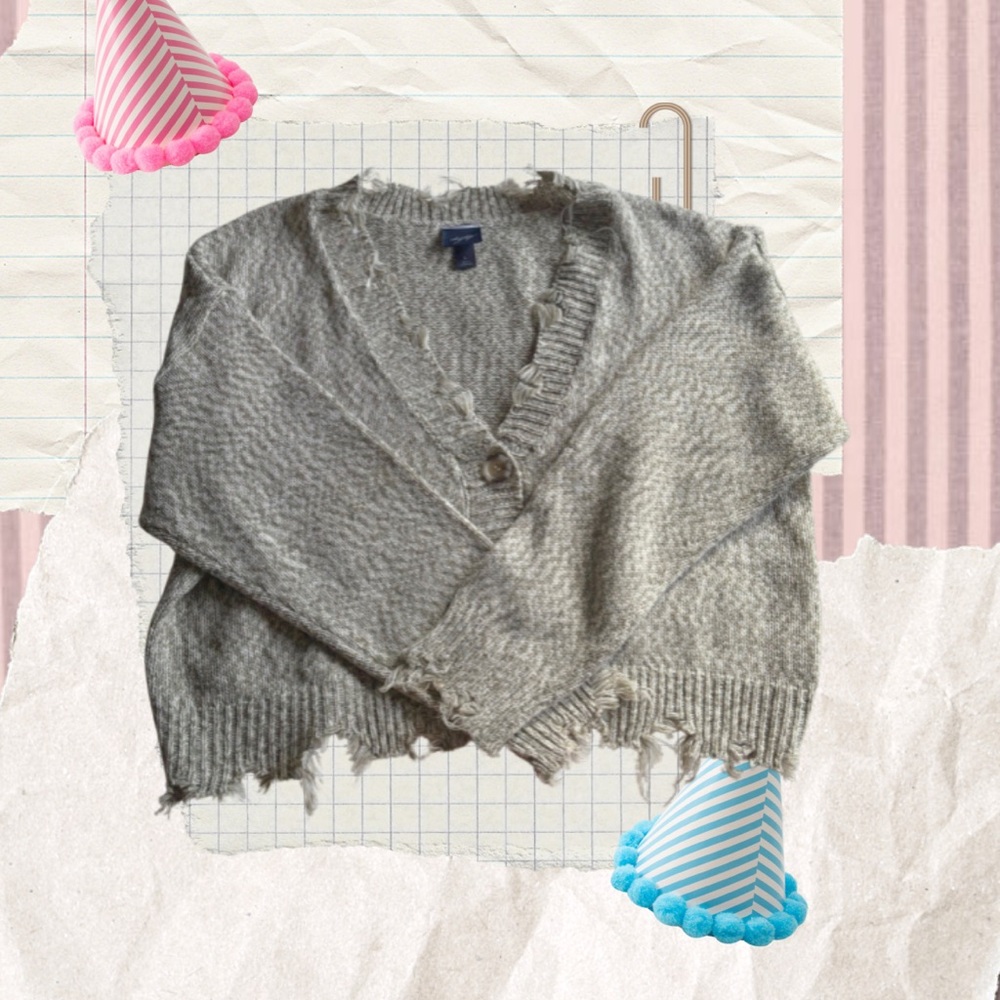 Distressed V-Neck Grey Women's Cardigan Sweater
